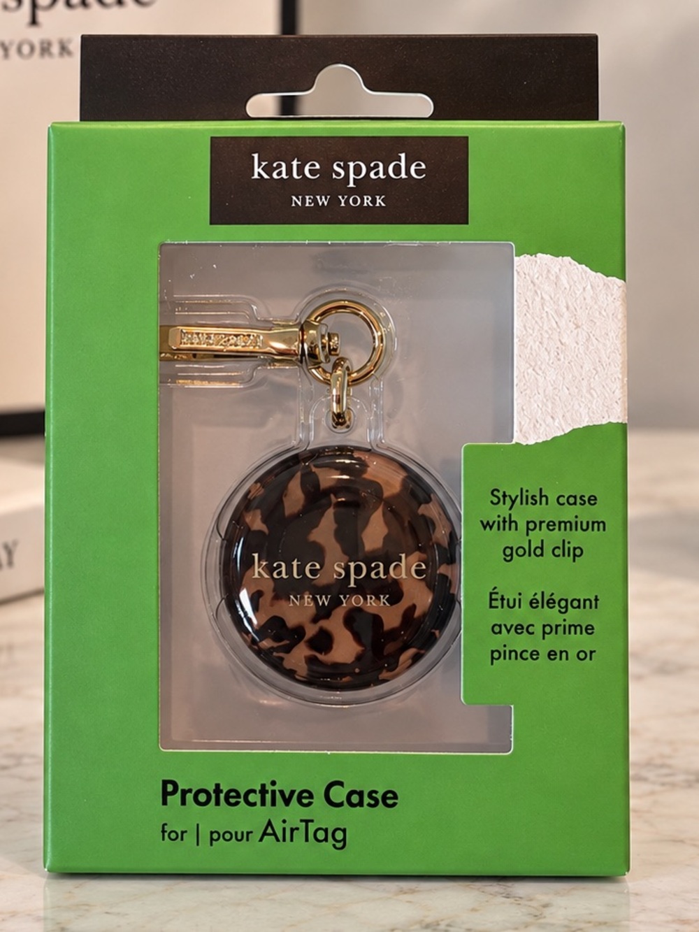 Kate Spade AirTag Holder Tortoiseshell Gold Clip Protective Case New